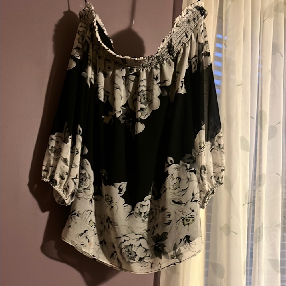 White House Black Market Ruffled Black and White Blouse